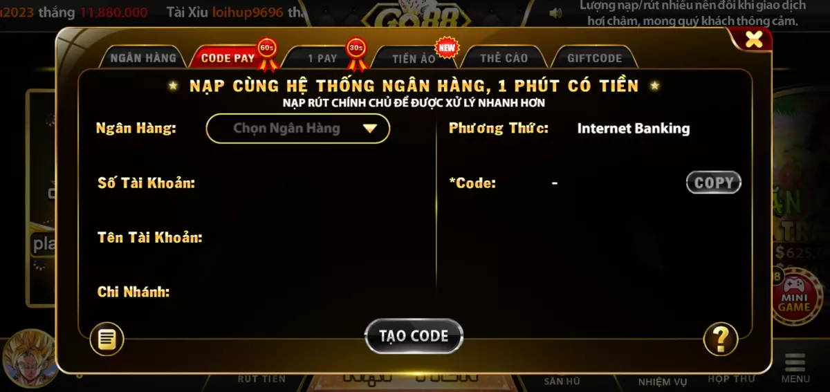 Các bước nạp tiền khi Tải Go 88