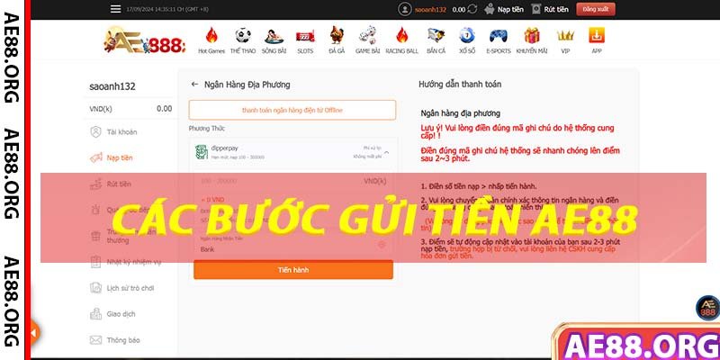 Giao dịch nạp rút tiền nhà cái AE88 sieu nhanh