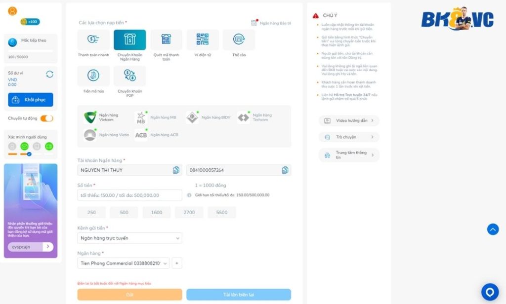 Lô Đề Online BK8 - App Đánh Đề Uy Tín 1 Ăn 99 11 - BK8 VC Phương thức gửi tiền BK8