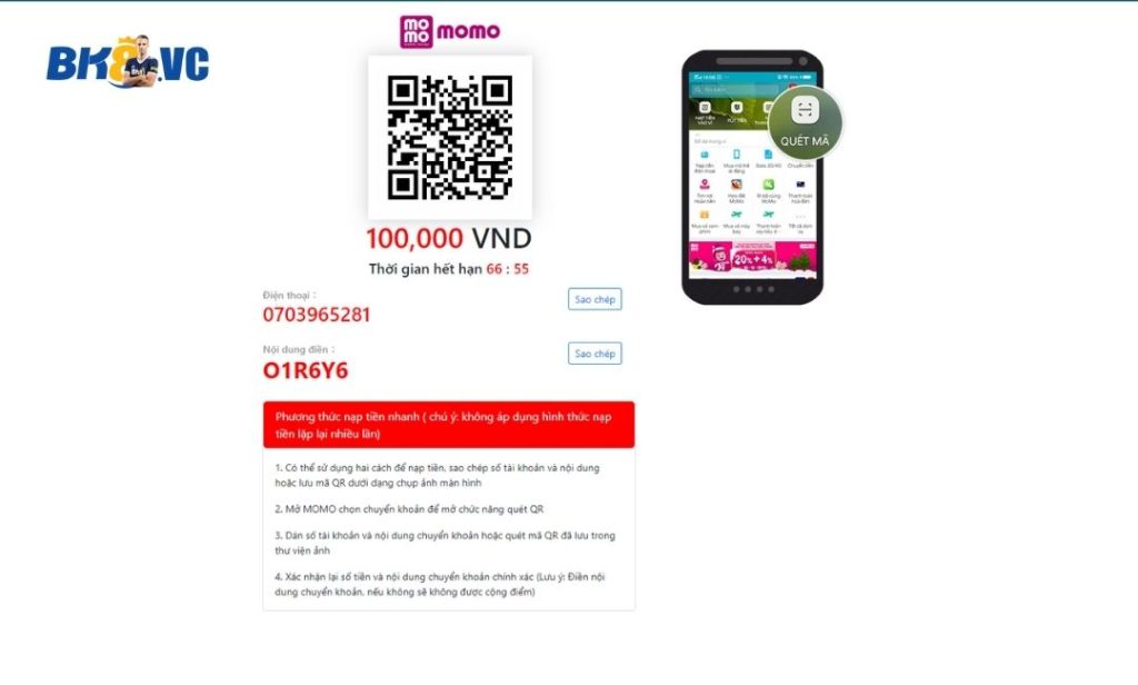 Hướng Dẫn Gửi Tiền Tại Trang BK8 9 - BK8 VC gửi tiền Momo BK8
