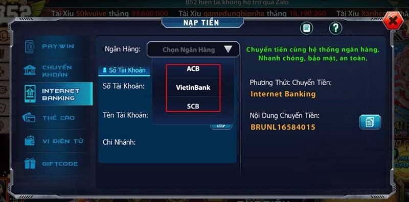 Nạp tiền B52 nhanh chóng qua ngân hàng tiện lợi
