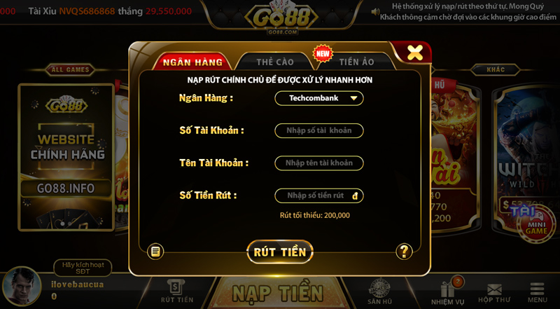 Cổng rút tiền từ tài khoản Go88, nhanh, gọn, lẹ