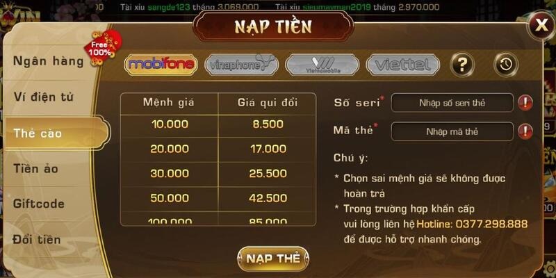 Chuyển quỹ tại iwin với thẻ cào điện thoại