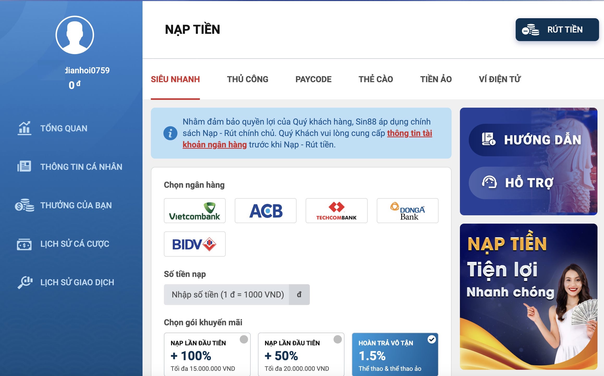 Các bước nạp tiền tại nhà cái Sin88 Các bước nạp tiền tại nhà cái Sin88