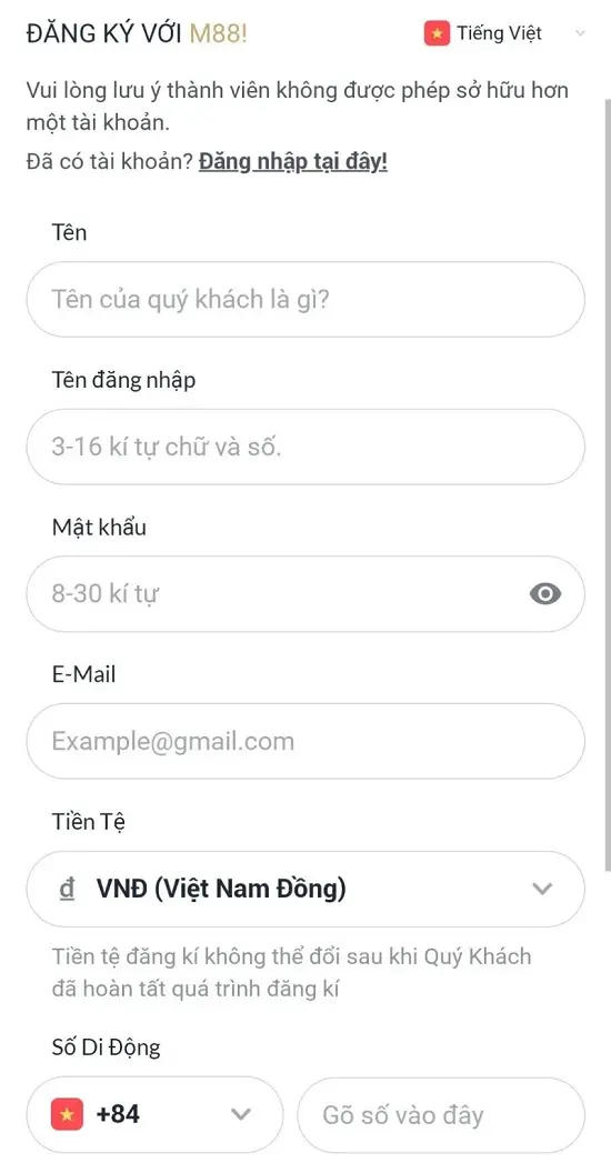 điền thông tin đăng ký M88