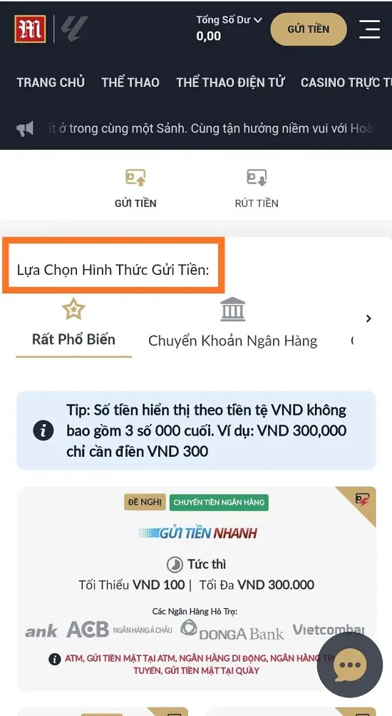 lựa chọn hình thức gửi tiền M88