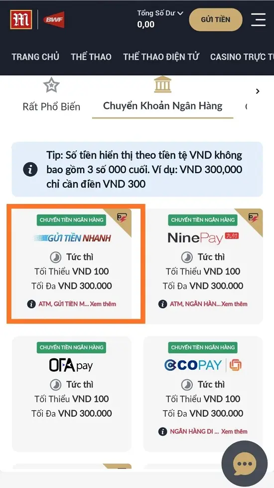 chọn gửi tiền nhanh M88
