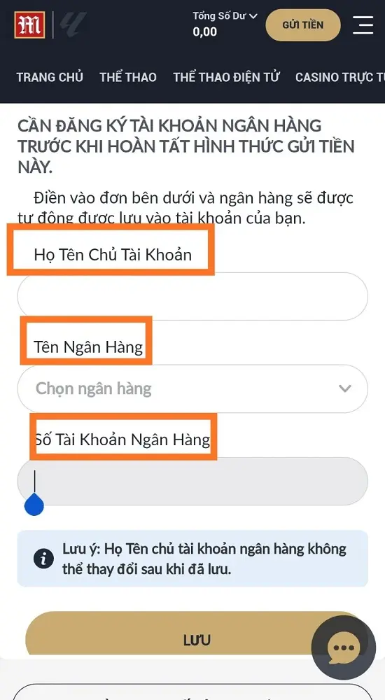 điền thông tin nạp tiền M88