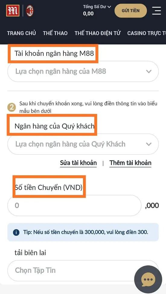 điền số tiền nạp M88