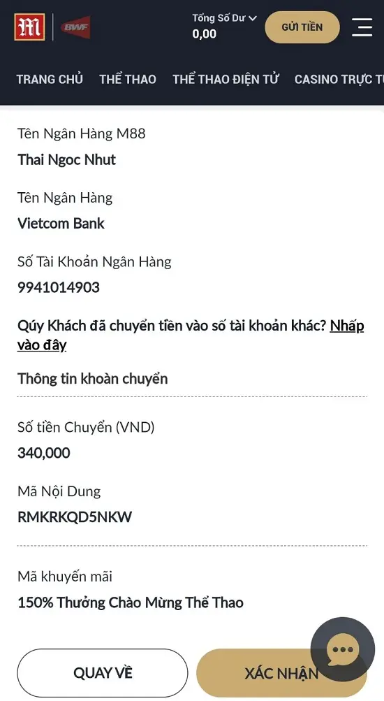 xác nhận nạp tiền M88