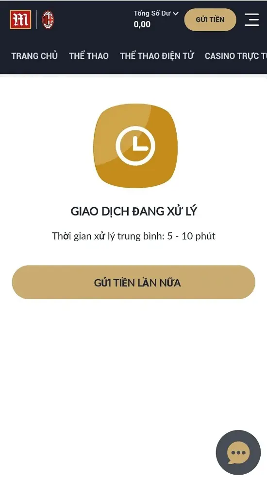 giao dịch nạp tiền đang được M88 xử lý