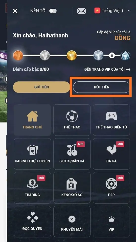 chọn rút tiền M88
