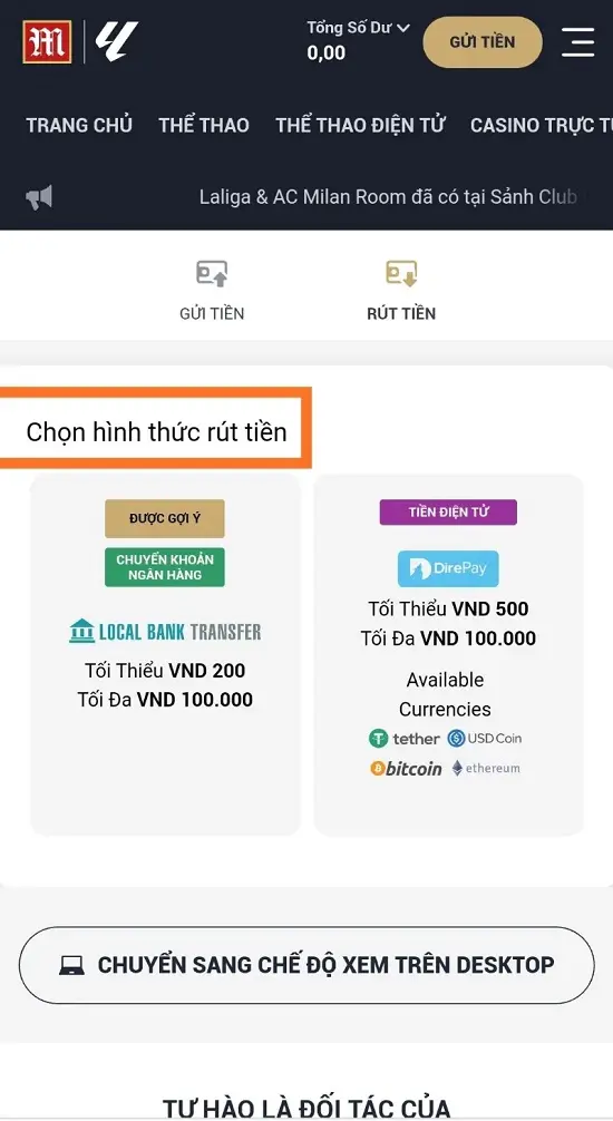 chọn phương thức rút tiền M88