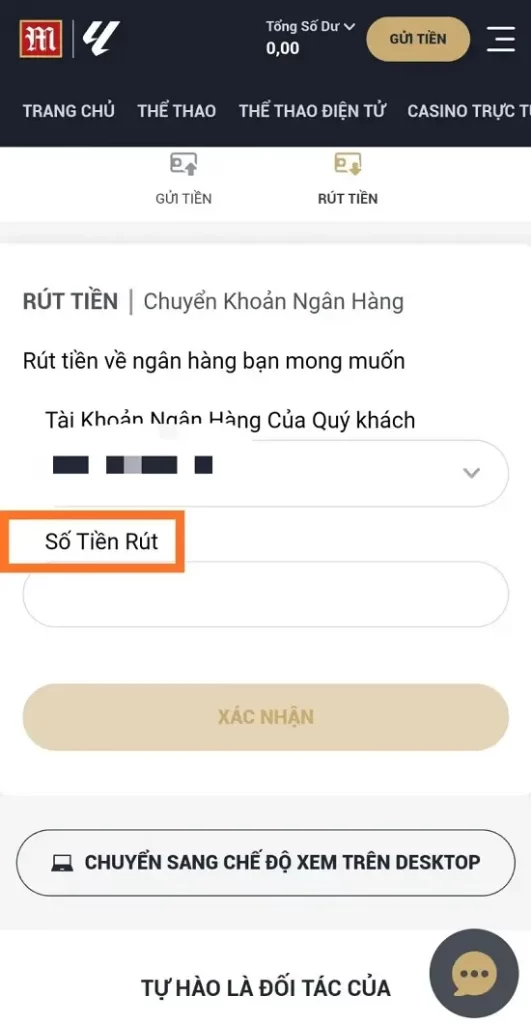 điền số tiền rút M88