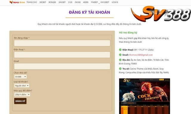 Biểu mẫu đăng ký SV388 cho người chơi mới