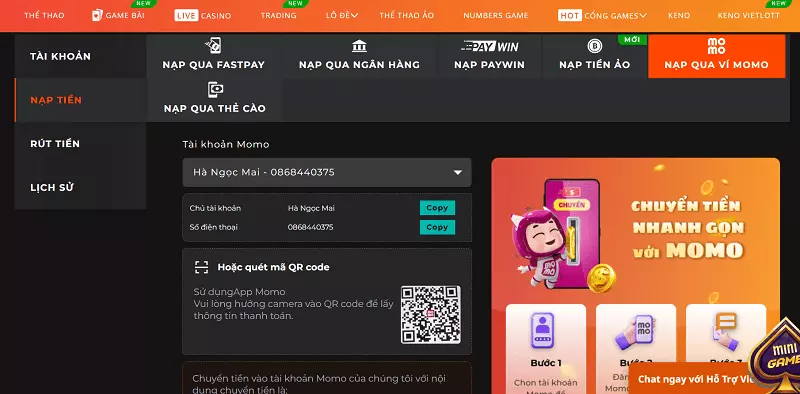 Nạp tiền với ví điện tử Momo 