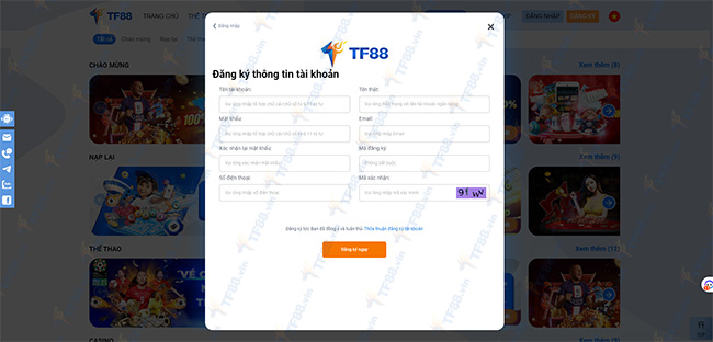 Bảng thông tin người chơi cần điền khi đăng ký tài khoản TF88 để chơi