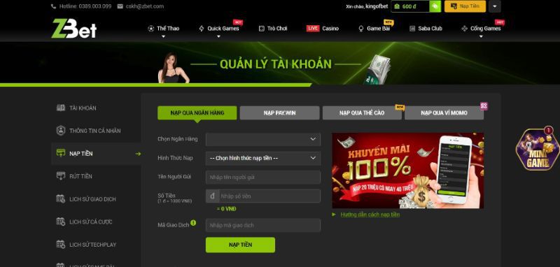 Nạp tiền qua ngân hàng