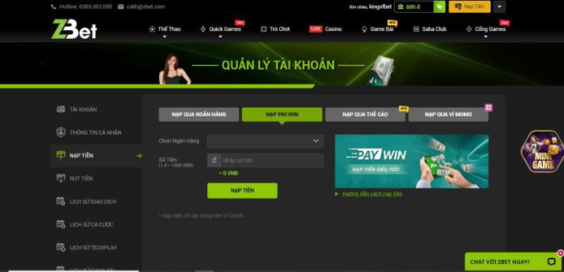 Nạp tiền qua hình thức Paywin